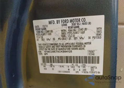 2012 Ford Escape Limited z USA, uszkodzony, nr VIN 1FMCU9E75CKB84125